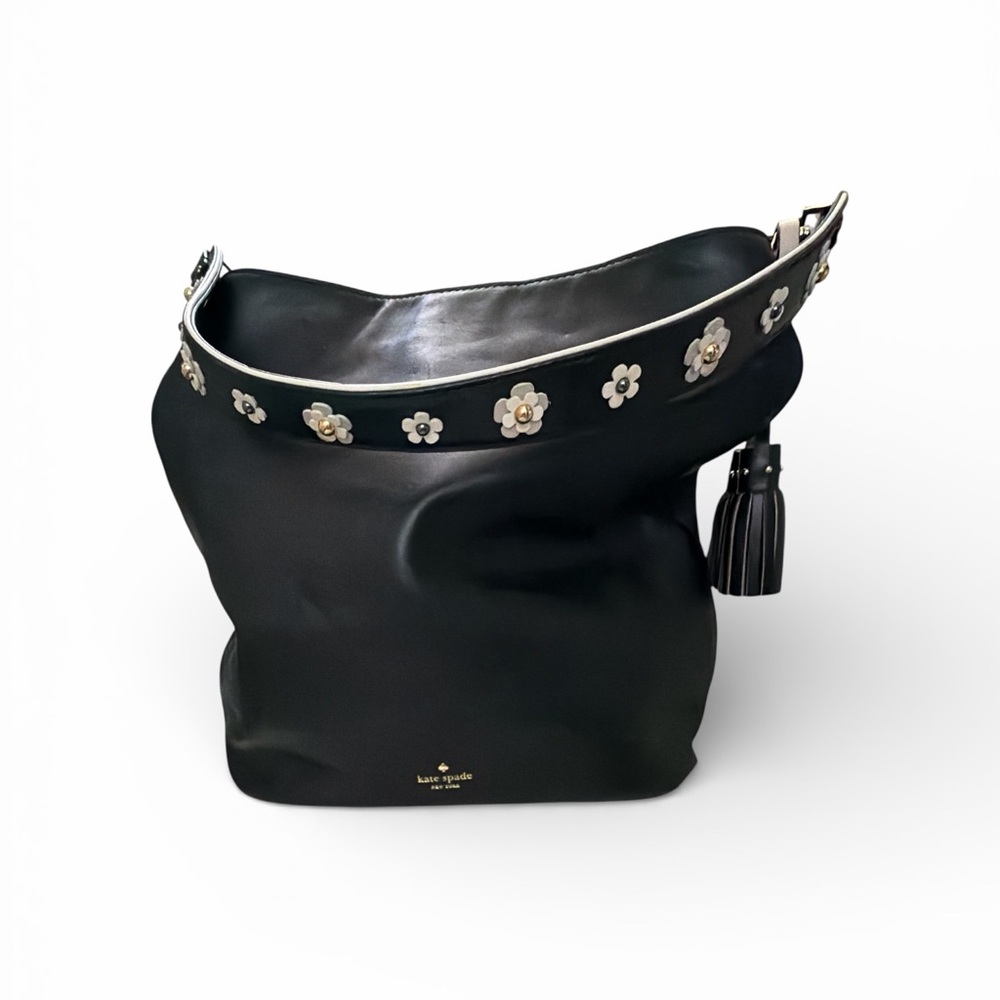 Kate Spade Black Leather Hobo Bag with Floral Embellishments & Tassel